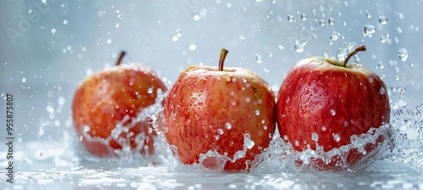 Fototapeta three apples in splashes of water, light background, copy space