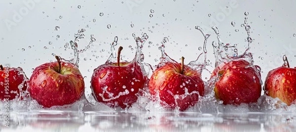 Fototapeta red apples in splashes of water, white gorizontal background, copy space