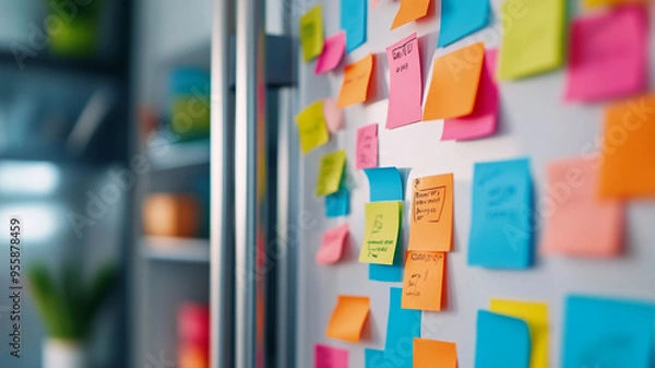 Obraz Colorful sticky notes on fridge door create an organized and vibrant atmosphere, perfect for reminders and resolutions.
