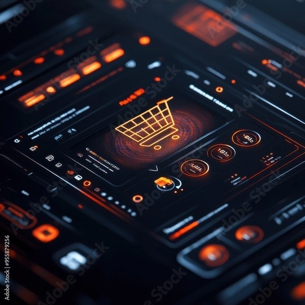 Fototapeta Digital shopping cart, futuristic checkout screen with a holographic display