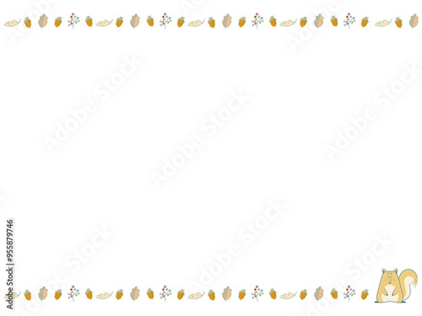Fototapeta りす 木の葉 どんぐり 木の実の北欧風イラストフレーム背景