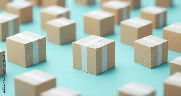 Fototapeta Pattern of Brown Cardboard Boxes with White Tape on Turquoise Background