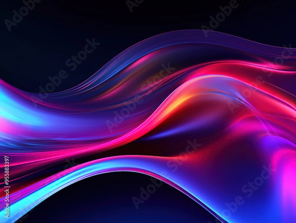 Fototapeta Abstract liquid glass holographic iridescent neon curved wave in motion dark background 3d render