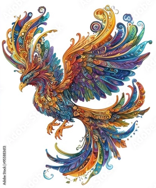 Fototapeta A colorful and intricately designed phoenix with vibrant feathers and swirling patterns.