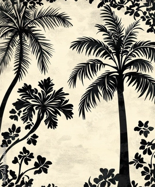 Fototapeta A silhouette of tropical plants and palm trees against a light background.