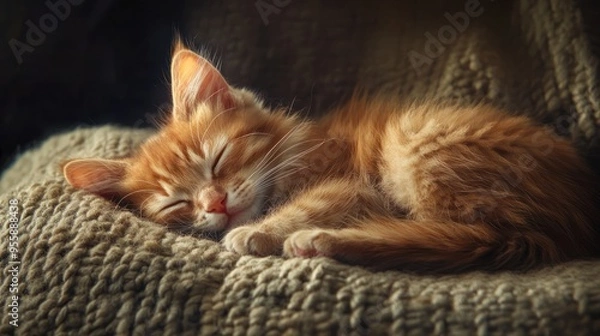 Fototapeta A ginger kitten curled up asleep on a fuzzy blanket