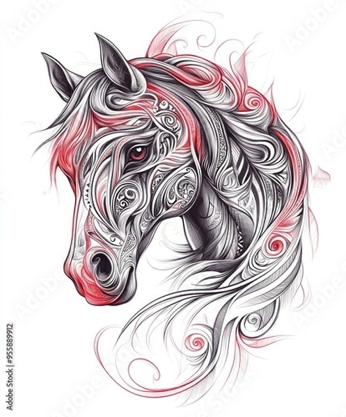 Fototapeta A stylized illustration of a horse's head with intricate designs and flowing mane.