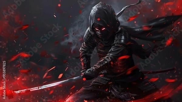 Fototapeta A lone warrior stands against a backdrop of fiery destruction, sword in hand.