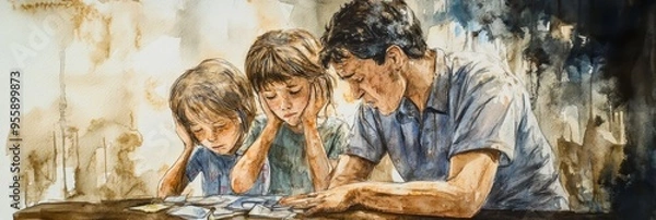 Fototapeta A watercolor illustration depicting a father and his two children, likely struggling with financial hardship. The father's worried expression, the children's somber faces, and the use of muted colors 