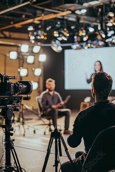 Fototapeta An industry influencer being interviewed on a popular business show. Studio lights and cameras in the background