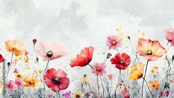 Fototapeta Watercolor Flowers: Red, Pink, and Orange Blossoms in a Field of Greenery and Splashes of Color
