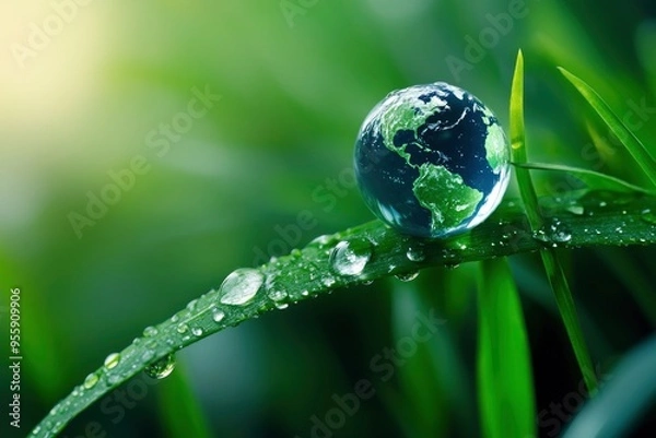 Fototapeta Water, drop and leaf with earth for sustainability and awareness of climate change, nature and environment. Globe, plant and droplet on blade of grass for eco friendly, future and clean energy , ai