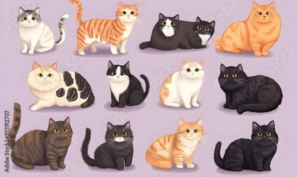 Obraz Diverse Cartoon Feline Companions on Soft Lavender Background