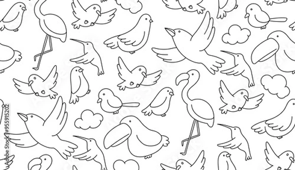 Fototapeta Bird Seamless pattern background flamingo, hummingbird, pigeon, sparrow and cloud kids hand drawing set illustration black color isolated on white background