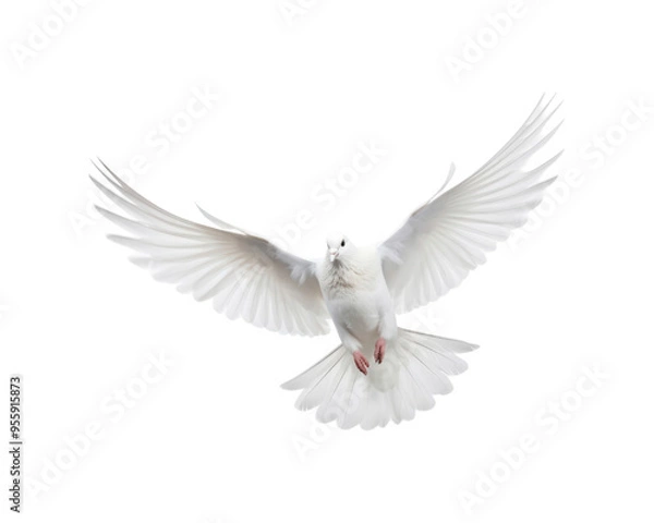 Fototapeta White doves in flight with spread wings symbolize peace and freedom, making them suitable for designs related to themes of hope, love, spirituality, and nature