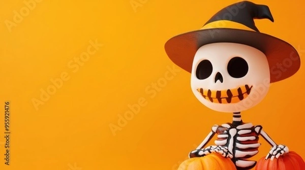 Obraz Happy Halloween. Cute little toy Skeleton waves a bony hand through a torn paper hole on a bright orange background, copy space, Minimalism. High quality photo