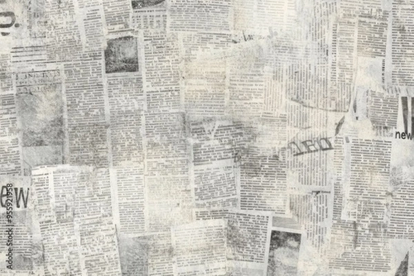 Fototapeta Vintage newspaper background with "new" text and grunge collage style, featuring gray tones and a textured paper cut-out effect.