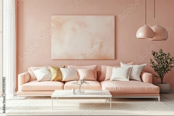 Obraz Minimalist Living Room Design with Pink Sofa and White Coffee Table