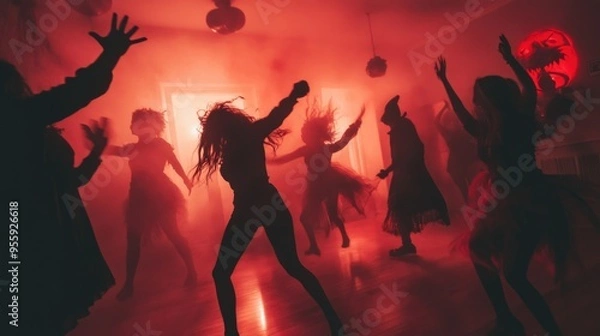Fototapeta Happy Halloween horror party concept. Scary view of dancing zombies at cemetery with Dj and club lights. Creative artwork decoration. Useful as a party poster or greeting card. Selective focus. High