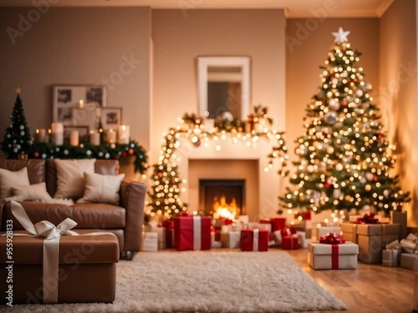 Fototapeta Beautiful interior of a living room for Christmas in warm cozy brown tones. Christmas tree, lights and gifts.