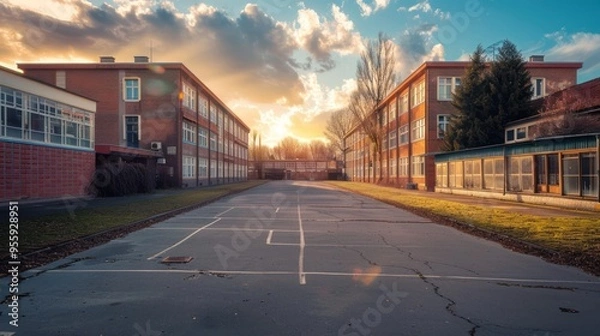 Fototapeta Empty Schoolyard with Brick Buildings at Sunset