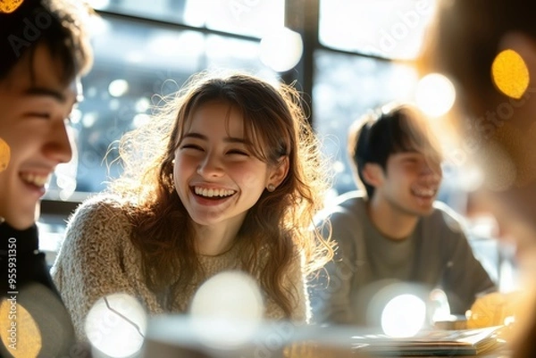 Obraz カフェで談笑する日本人の大学生の男女