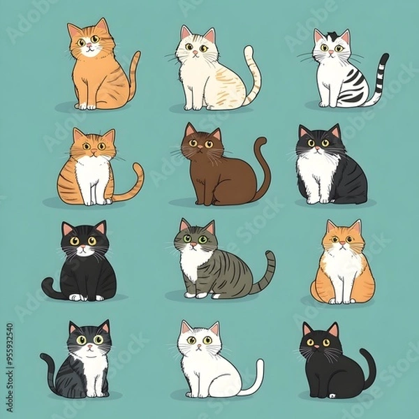Fototapeta Cartoon Cats in Tranquil Aqua Featuring Diverse Feline Designs