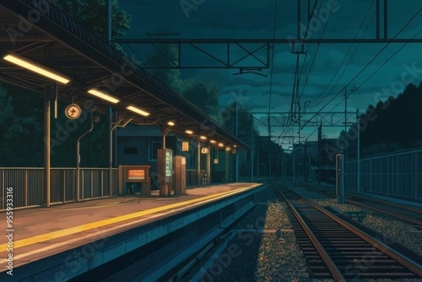 Fototapeta Train station at night with gentle lighting and an empty platform bathed in soft hues. Cozy vibe, Generative AI