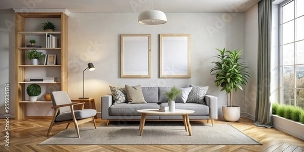 Fototapeta Modern Nordic style apartment with picture frame template, Nordic, modern, apartment, Scandinavian, interior design, minimalistic