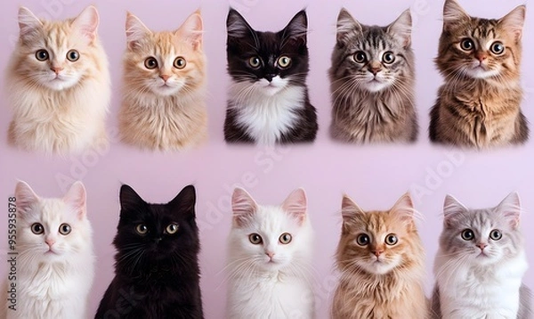 Fototapeta Magazine style Photography of Various Worldwide Cat Breeds on Pale Lilac Background