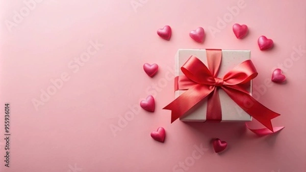 Fototapeta Pink gift box with red ribbon and hearts on pastel pink background. Valentine's Day concept, flat lay, Valentine's Day, love