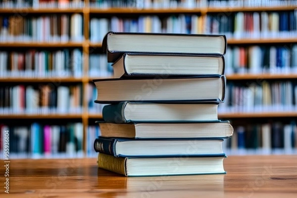 Fototapeta stack of books against the background of library, stack of books in front of library, books on wooden table , ai