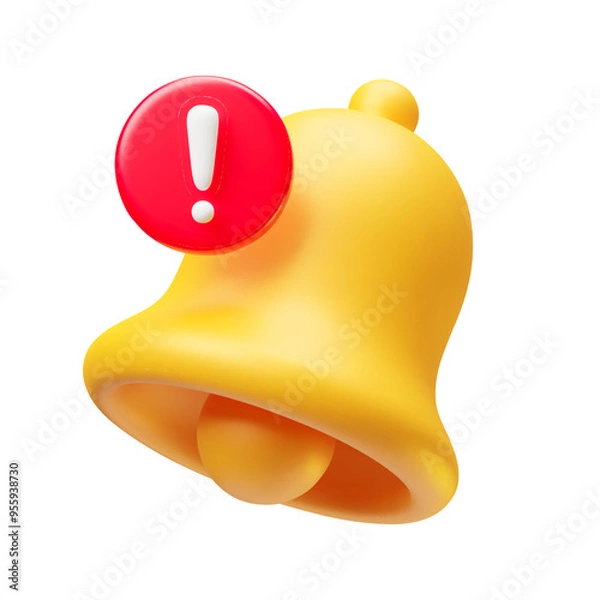 Fototapeta Illustration of ringing bell in 3d style. Minimalistic yellow hand bell. Reminder in phone app. New notification. Social media communication. Vector art of chime isolated on white background