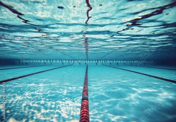 Fototapeta Underwater View of an Olympic Swimming Pool Capturing Lane Markers from the Pool's Bottom, High-Resolution Wide-Angle Perspective with a Crystal-Clear Water Effect