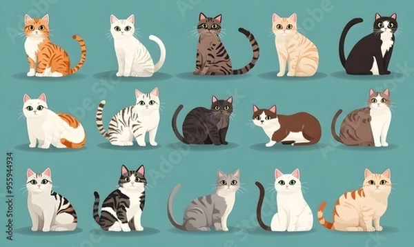 Fototapeta Assortment of Colorful Cartoon Style Feline Companions on Serene Duck Egg Blue Background