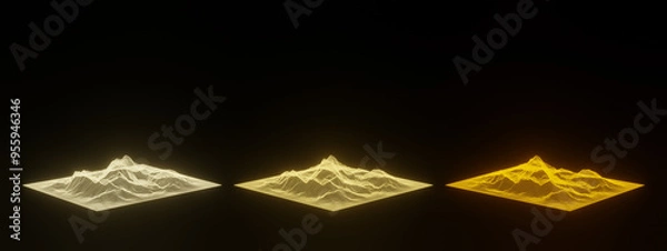 Fototapeta Yellow holographic mountain. Grid topographic data.