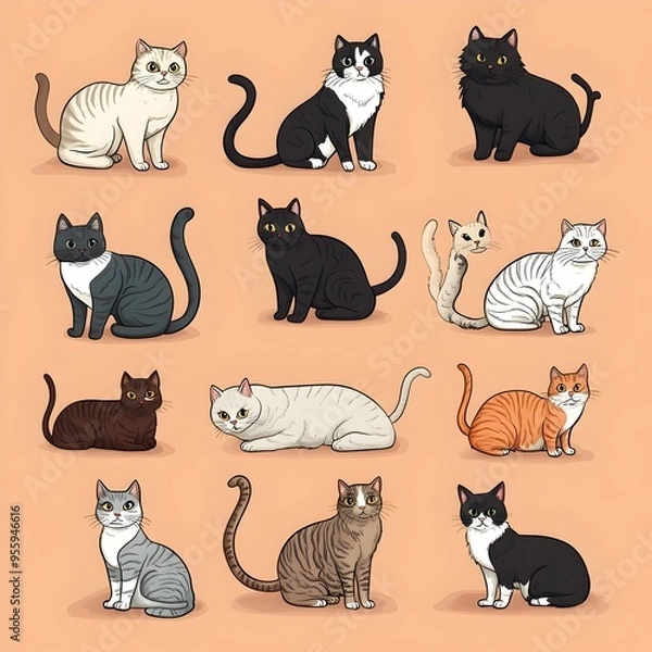Fototapeta A Colorful Cartoon Collection of Diverse and Adorable Cat Breeds in Cozy Poses on a Pale Apricot Background