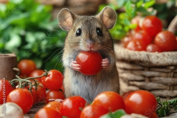 Fototapeta Close-up of a small mouse holding a cherry tomato, surrounded by more tomatoes and greenery