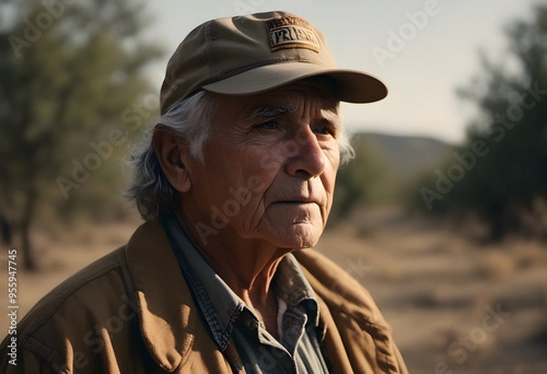 Fototapeta A portrait of an elderly man, with deep-set eyes and a thoughtful expression.