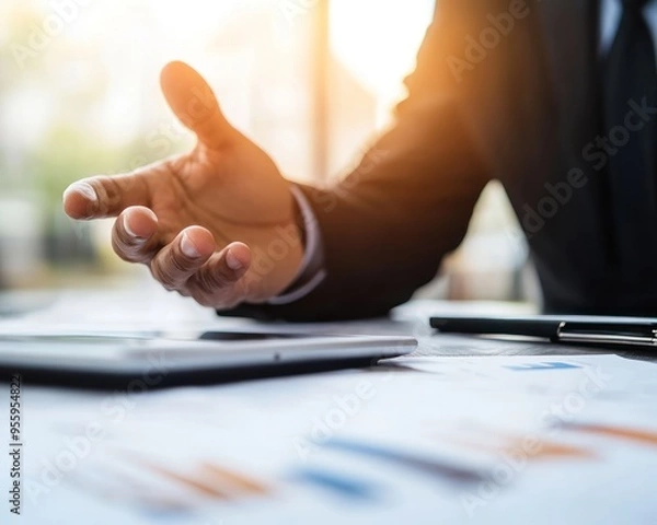 Fototapeta A beachside seafood restaurant, with tables overlooking the ocean and a waiter serving food