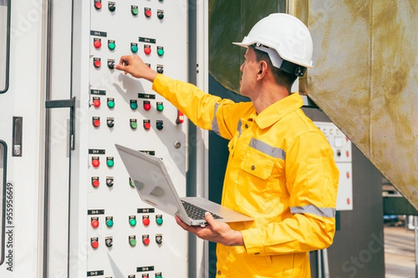 Obraz The electrician inspects a large-scale industrial electrical control system, focusing on the safety and stability of the electrical system.