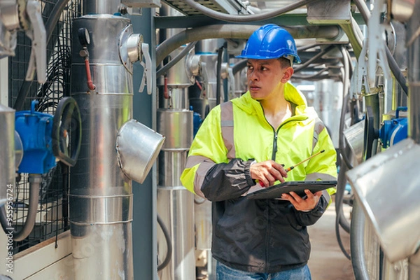 Obraz technician carefully inspecting a section of pipeline during a construction project, emphasizing safety and precision in infrastructure development.