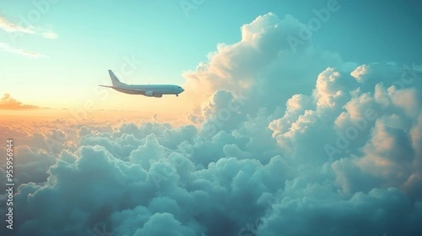 Fototapeta Airplane flying above clouds at sunset.