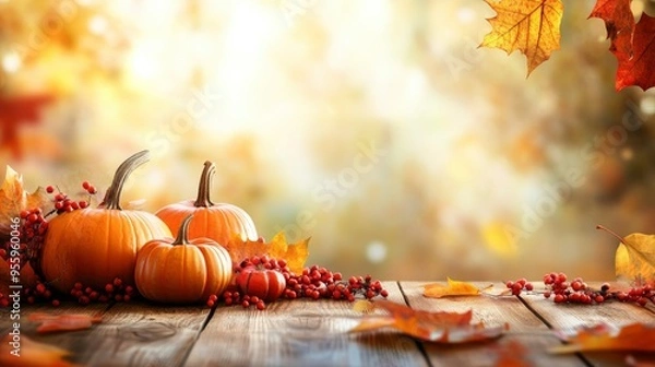 Fototapeta Thanksgiving or autumn scene with pumpkins, autumn leaves and berries on wooden table. Autumn background with copy space. Banner with generative ai
