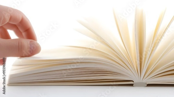 Obraz Open Book with Hand Turning Page, Isolated on White Background.