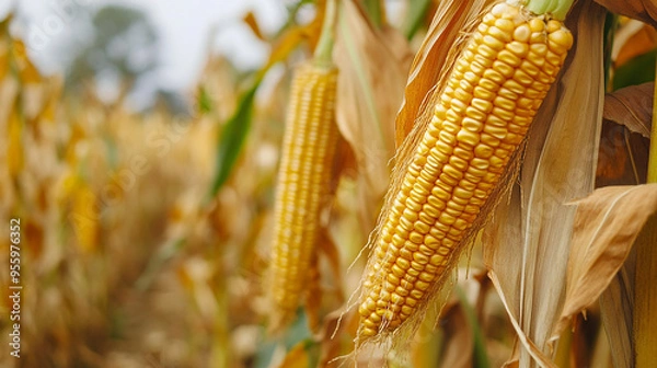Fototapeta Corn Cobs in Corn Plantation Field