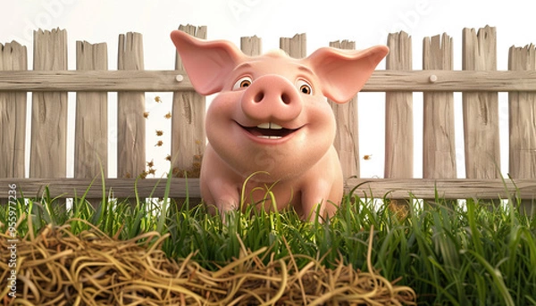 Obraz happy cute smiling little pig farm barn, hay, green grass, wooden fence, copy space