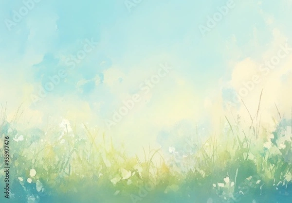 Fototapeta Watercolor Background with Soft Pastel Colors Featuring Light Blue and Green, Blurred Sky and Green Grass Field