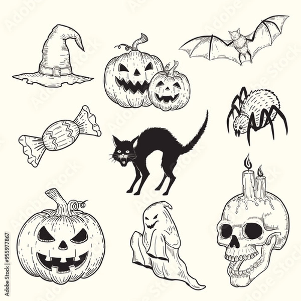 Fototapeta Collection of hand drawn sketch illustrations for Halloween, hats, pumpkins, black cats, spiders, ghosts, skulls, bats, candies