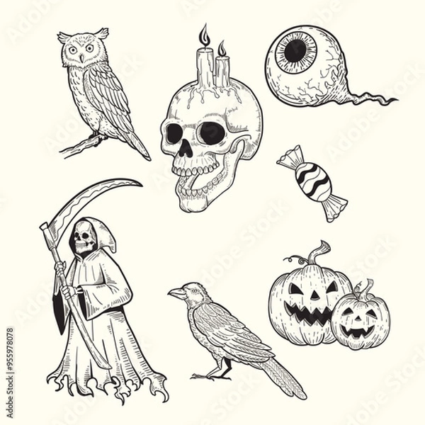 Fototapeta Collection of hand drawn sketch doodle illustrations for Halloween, pumpkins, skulls, owls, crows, eyeballs, grim reaper.